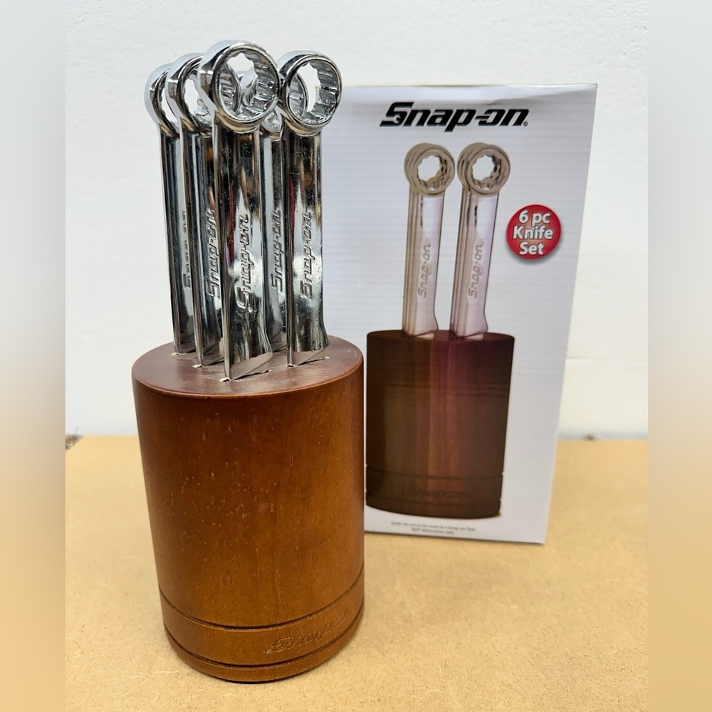 Snap-on 6-Piece Serrated Steak “Box Wrench” Knife Set with Wooden Block - NIB - Picture 2 of 8